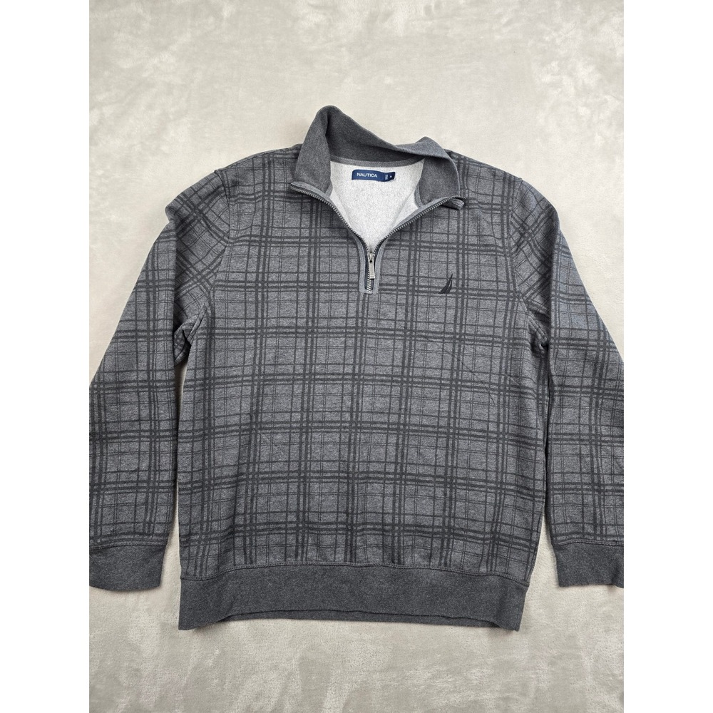 Nautica Quarter Zip Sweater Men XL Gray Plaid Long Sleeve‎ Fleece Pullover